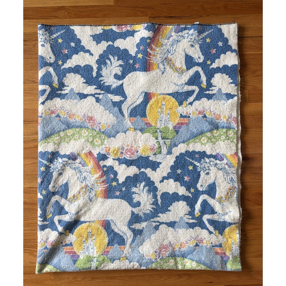 Vtg Unicorn Blanket 84x74 Rainbow Celestial Moon Stars Fairycore Princess Castle